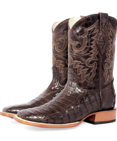 Men's Western Boot cowboy boots caiman pattern dark brown pair of boots full view