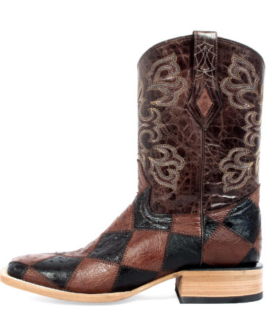 Men's Western Boot cowboy boots brown and black leather checker pattern side view